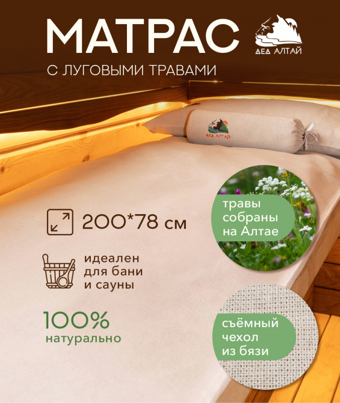 Матрас основа 200*78 СПАНБОНД (луговые травы) + Чехол 200*78 БЯЗЬ