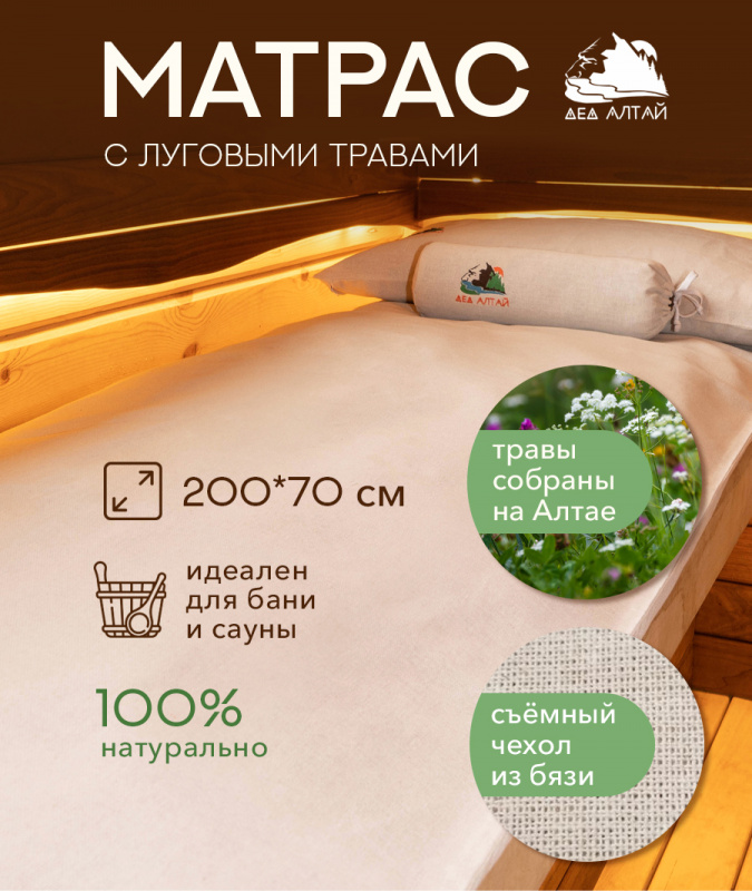 Матрас основа 200*70 СПАНБОНД (луговые травы) + Чехол 200*70 БЯЗЬ 